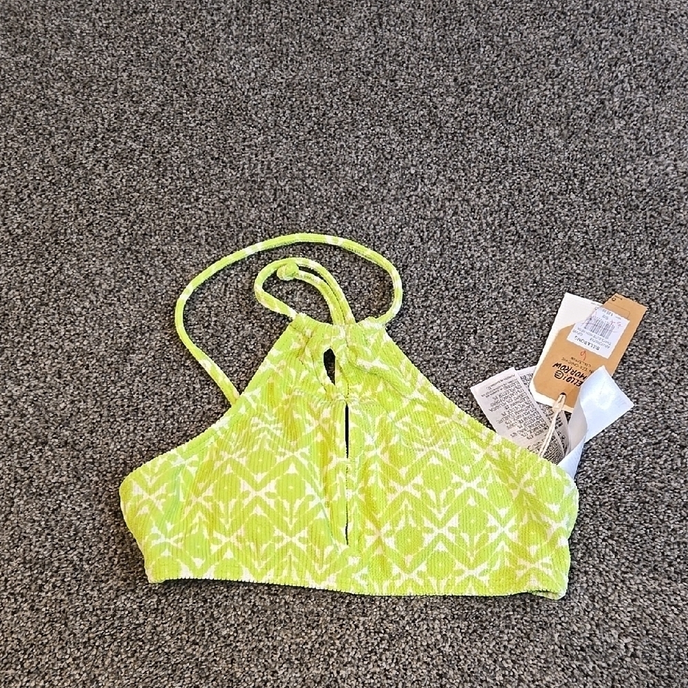 NWT Qomen Billabong Women High Vibrant Lime Patterned Bikini Top Swim Sz S